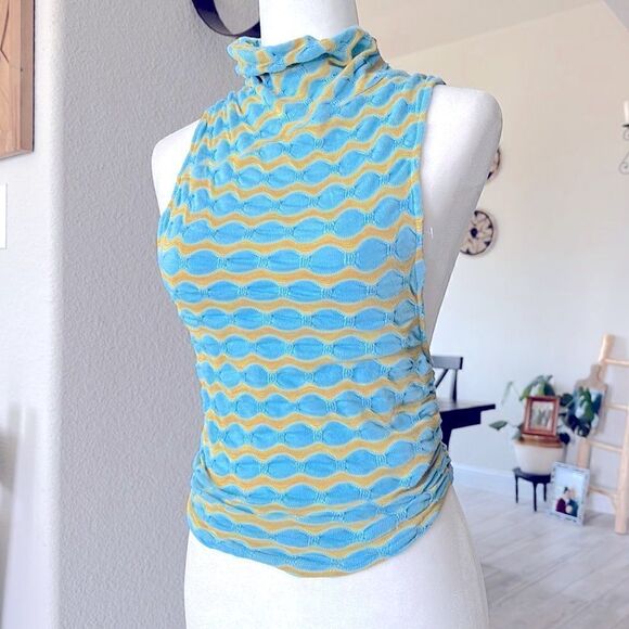 NWOT Free People Mock Neck Sleeveless Wavy Stripes Blue Mustard Tank Racer Back - Picture 1 of 11